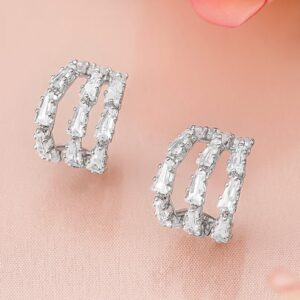 Rhodium-Plated Triple Row Baguette Cubic Zirconia Studded Half Hoop Earrings