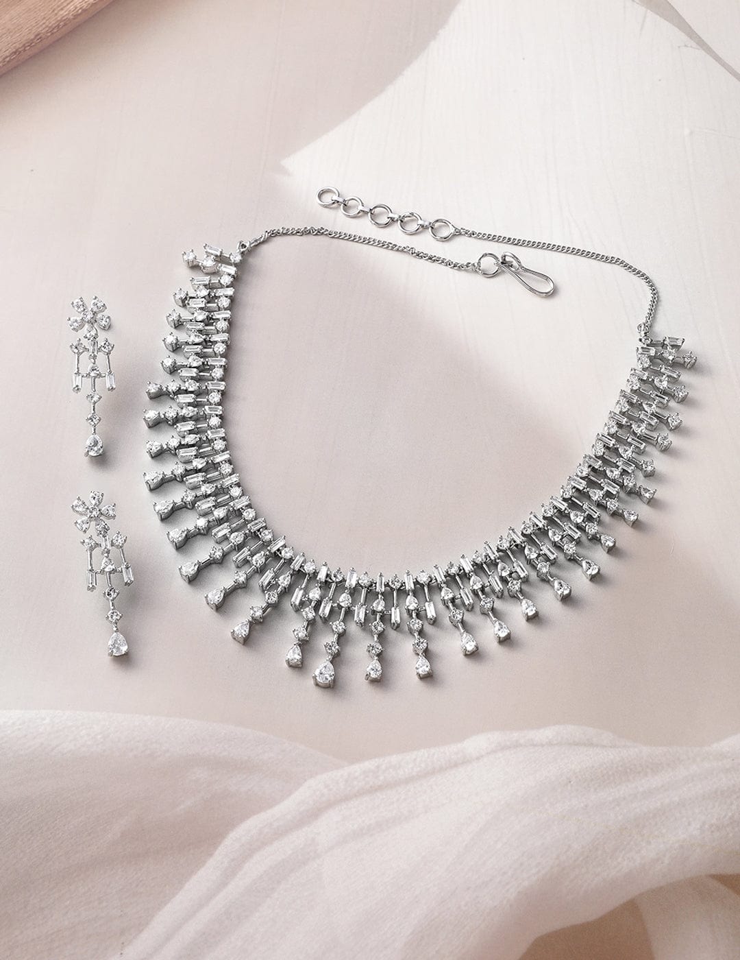 Rhodium-Plated White AD & Cubic Zirconia Studded Premium Necklace Jewellery Set - Silver