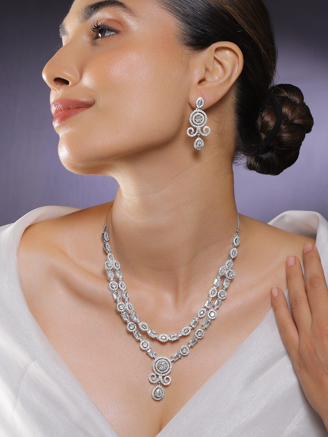 Rhodium-Plated White Baguette-Cut Cubic Zirconia Studded Luxe Double-Layer Necklace Set - White