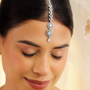 Rhodium Plated White Cubic Zirconia Maang Tikka - Silver