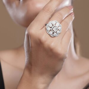 Rhodium-Plated White Cubic Zirconia Studded Adjustable Finger Ring - Silver