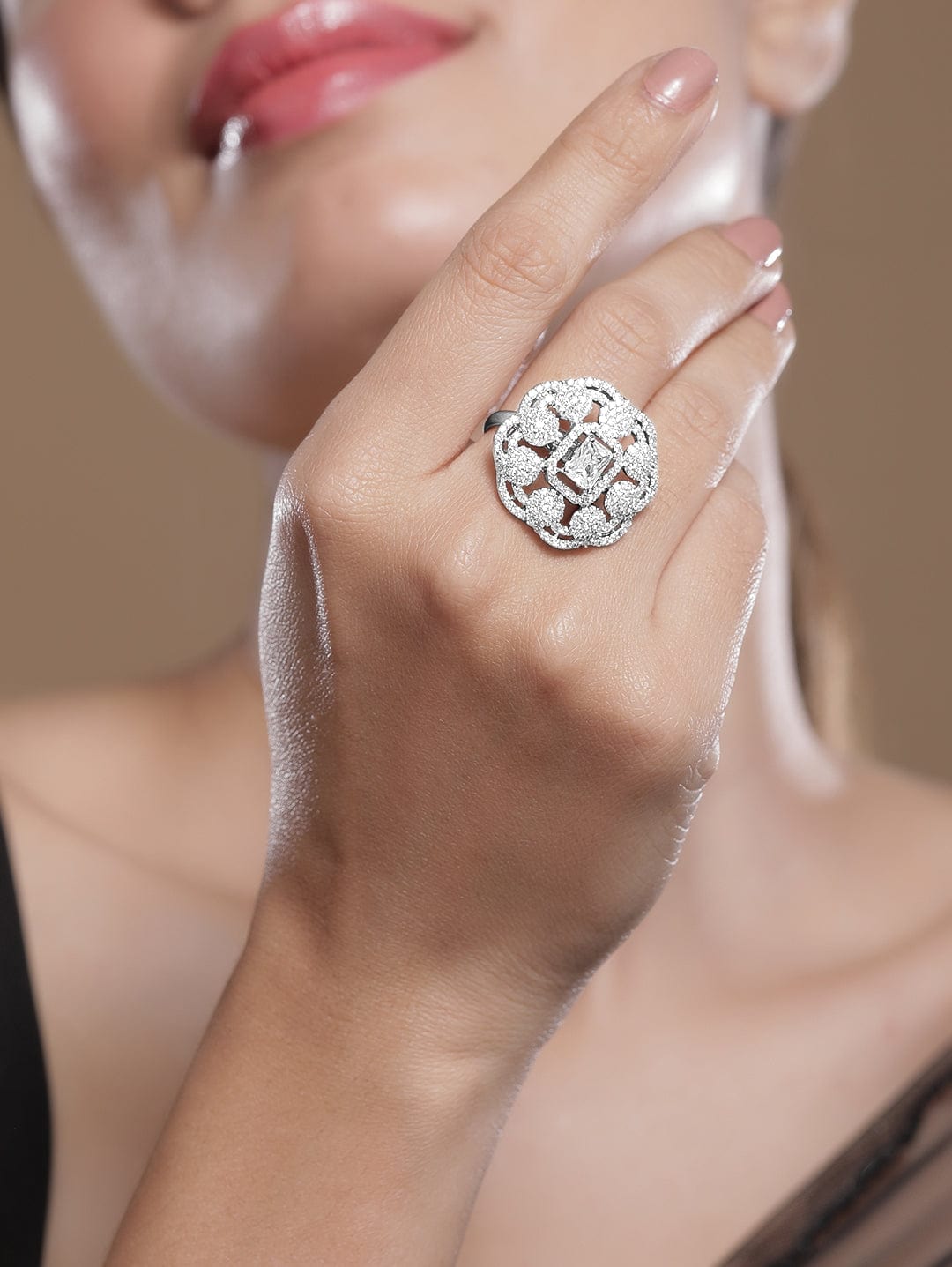 Rhodium-Plated White Cubic Zirconia Studded Adjustable Finger Ring - Silver