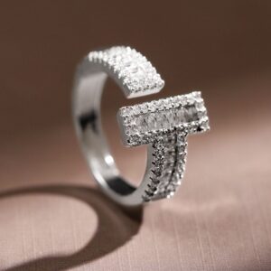 Rhodium Plated White Cubic Zirconia Studded Demi Fine Openable Adjustable Ring - Silver