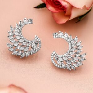Rhodium Plated White Cubic Zirconia Studded Handcrafted Feather Shaped Statement Stud Earrings