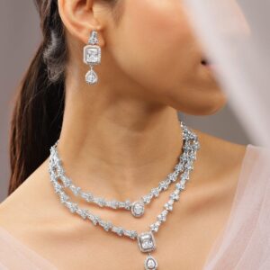 Rhodium-Plated White Cubic Zirconia Studded Luxe Double-Layer Necklace Set - White