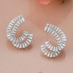 Rhodium-Plated White Cubic Zirconia Studded Spiral Design Stud Earrings