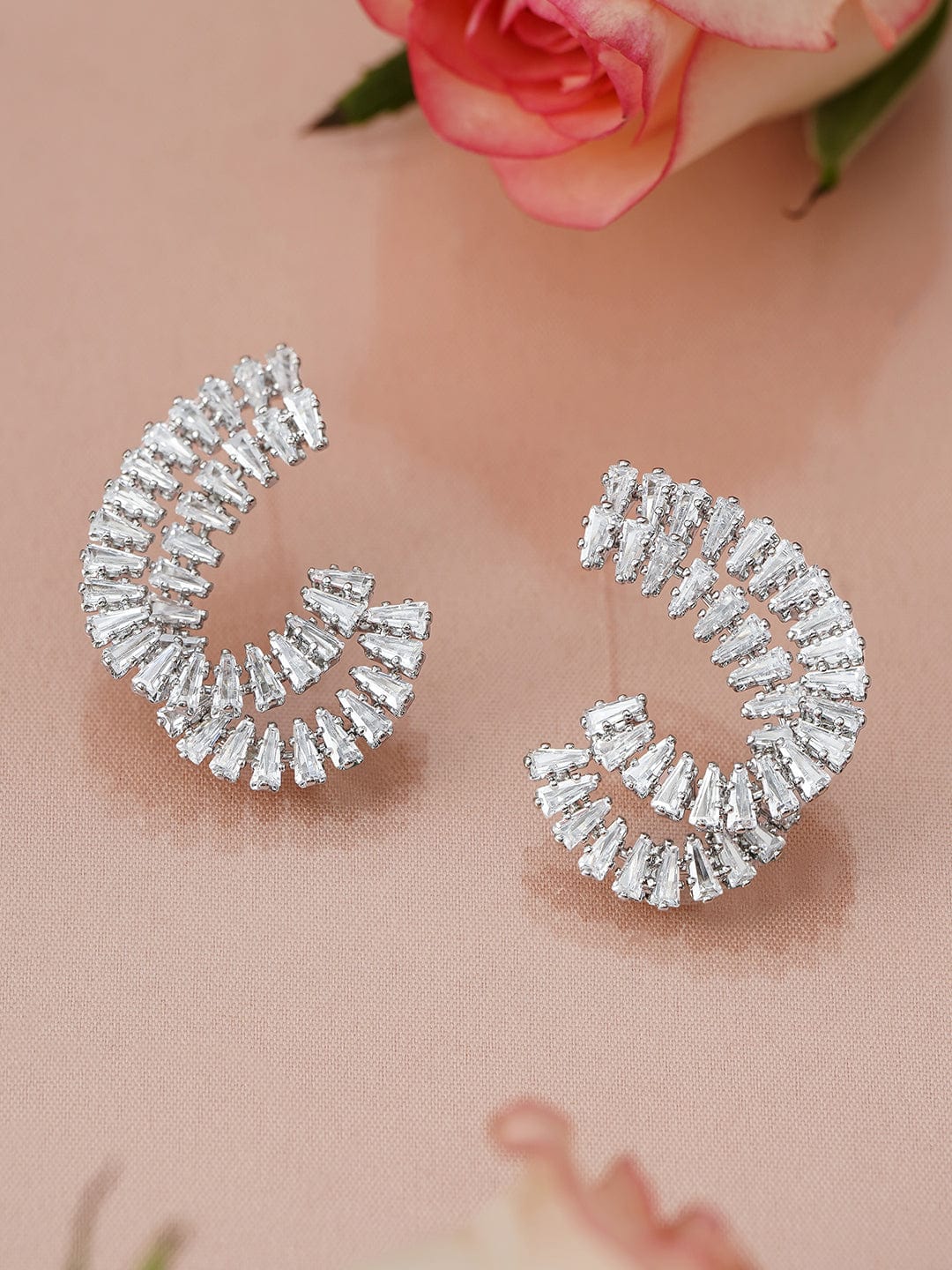 Rhodium-Plated White Cubic Zirconia Studded Spiral Design Stud Earrings