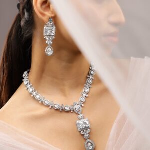 Rhodium-Plated White Cubic Zirconia Studded Statement Luxe Jewellery Set - White