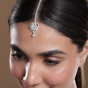 Rhodium-Plated White Cubic Zirconia Studded Statement Maang Tikka - Silver