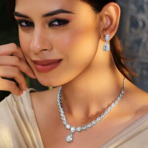 Rhodium-Plated White Cubic Zirconia Studded Statement Necklace Set - Silver