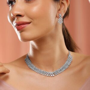 Rhodium-Plated White Cubic Zirconia Studded Statement Necklace Set - Silver