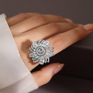 Rhodium-Plated White Cubic Zirconia Studded Swirl Design Adjustable Statement Ring - Silver