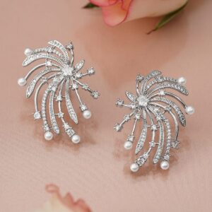 Rhodium-Plated White Pearl & AD Studded Firework Design Stud Earrings
