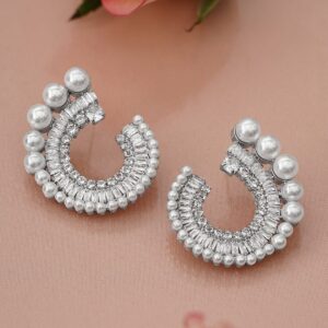Rhodium-Plated White Pearl & Cubic Zirconia Studded Spiral Design Stud Earrings
