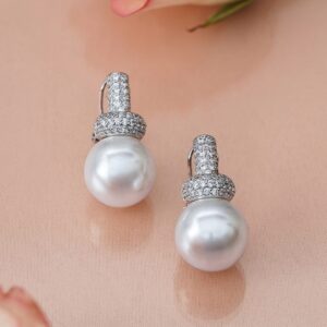 Rhodium-Plated White Pearl Drop Minimal Earrings with Cubic Zirconia Accents