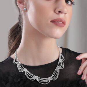 Rhodium Plated White Zirconia Studded Layered Necklace Set - Silver