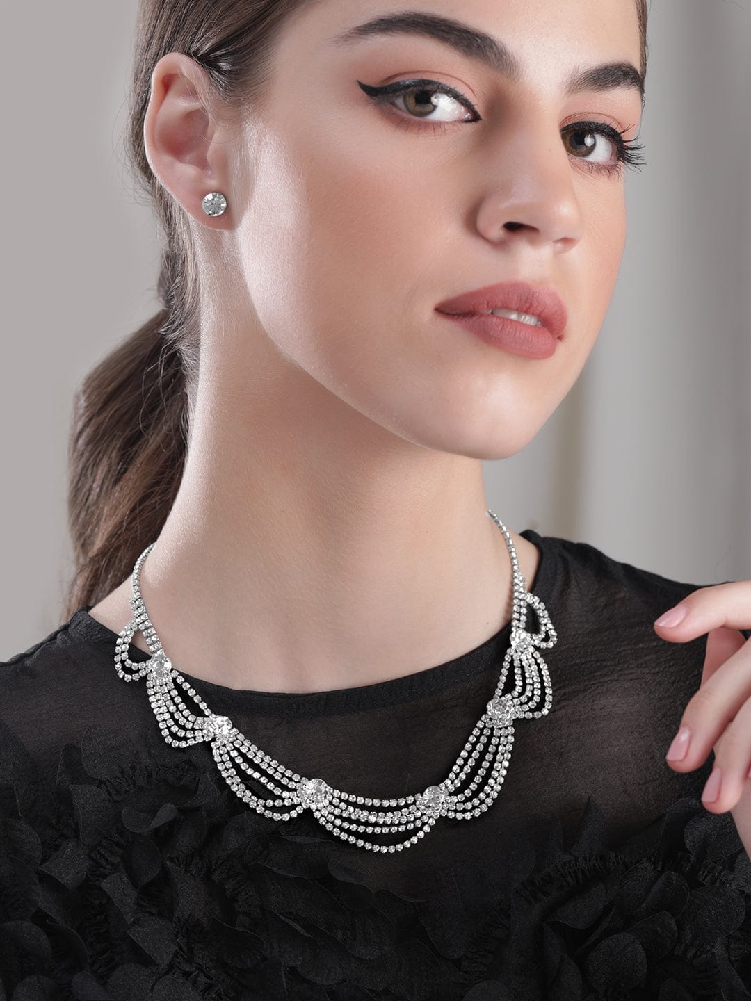 Rhodium Plated White Zirconia Studded Layered Necklace Set - Silver