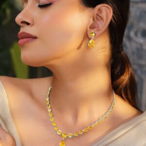 Rhodium-Plated Yellow Sapphire AD & Cubic Zirconia Studded Necklace Set - Silver