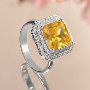 Rhodium-Plated Yellow Sapphire Adjustable Ring with Cubic Zirconia Detailing