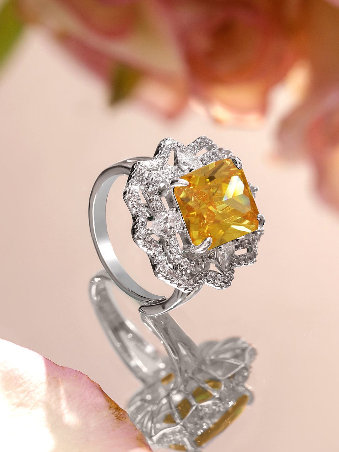 Rhodium-Plated Yellow Sapphire and Cubic Zirconia Detailing Adjustable Statement Ring