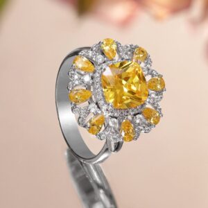 Rhodium-Plated Yellow Sapphire & Cubic Zirconia Floral Adjustable Statement Ring