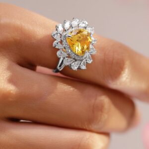 Rhodium-Plated Yellow Sapphire & Cubic Zirconia Heart Halo Statement Ring