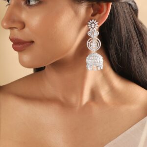 Rhodium Plated Zirconia Studded Jhumka Earrings - Silver