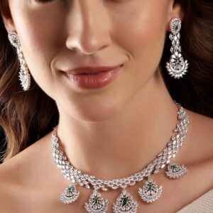 Rhodium plated Zirconia studded Statement Drop Detail Choker Necklace Set - Silver::Green