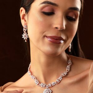 Rose Gold Plated Handcrafted Zircon Stone Studded Floral Necklace Set - Rose Gold