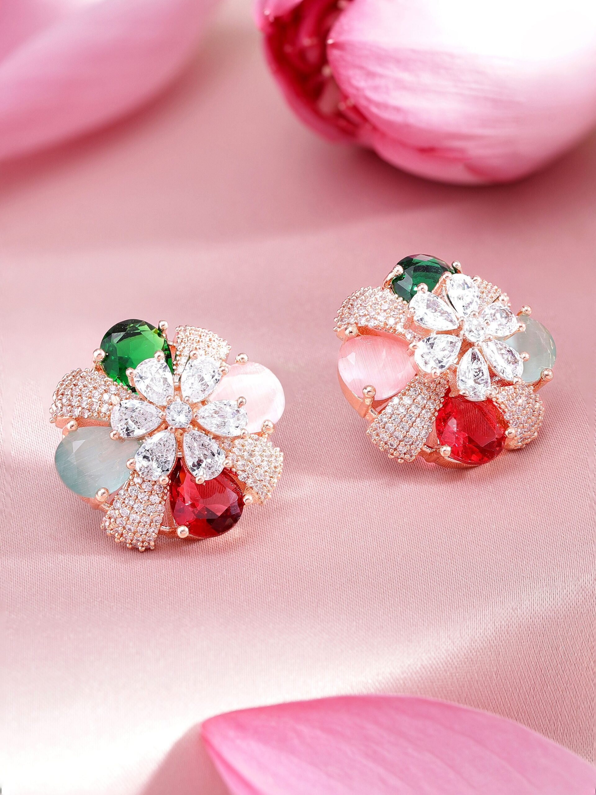 Rose Gold-Plated Multicolor AD Stud Earrings. - Rose Gold