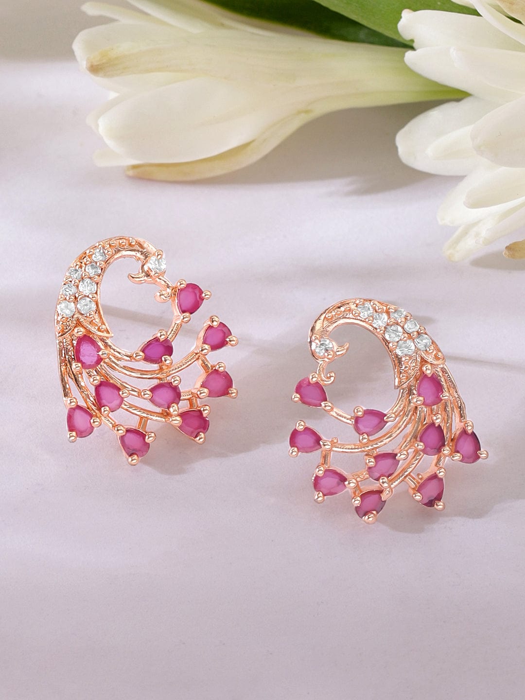 Rose-Gold Plated Peacock Shaped Ruby Studded Earrings - Rose gold