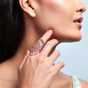 Rose Gold Plated Ring With Peacock Design And Studded AD - Rose Gold