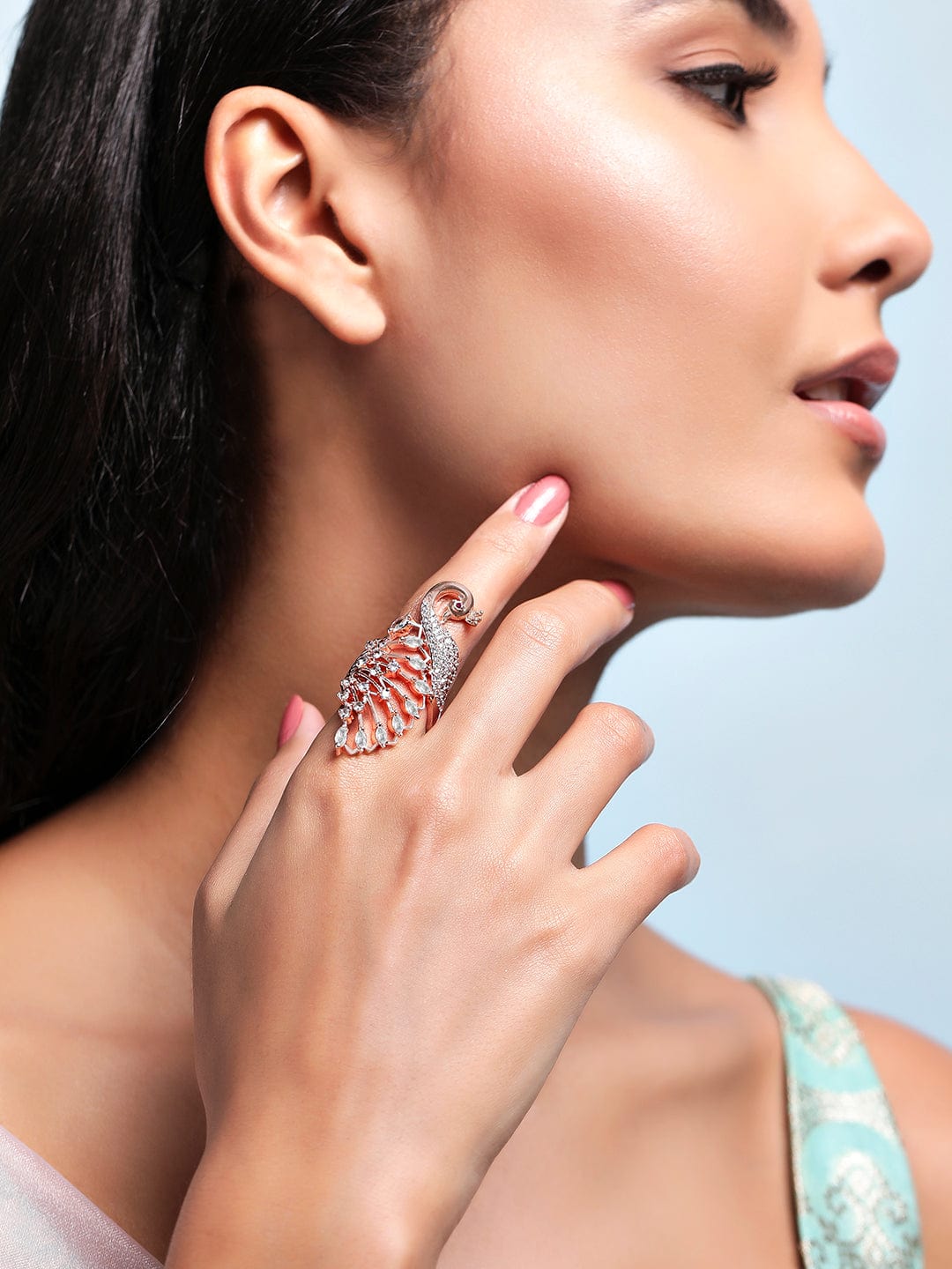 Rose Gold Plated Ring With Peacock Design And Studded AD - Rose Gold