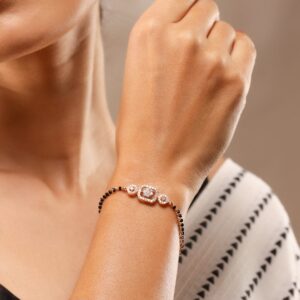 Rose Gold-Plated White Cubic Zirconia Studded Floral Mangalsutra Bracelet with Black Beads for Women