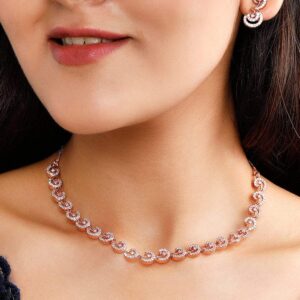 Rose Gold Plated Zirconia Stone Studded Handcrafted Necklace Set. - Rose Gold