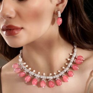 Rose Petal Elegance: Pink Beaded AD Necklace Set - Silver::Pink