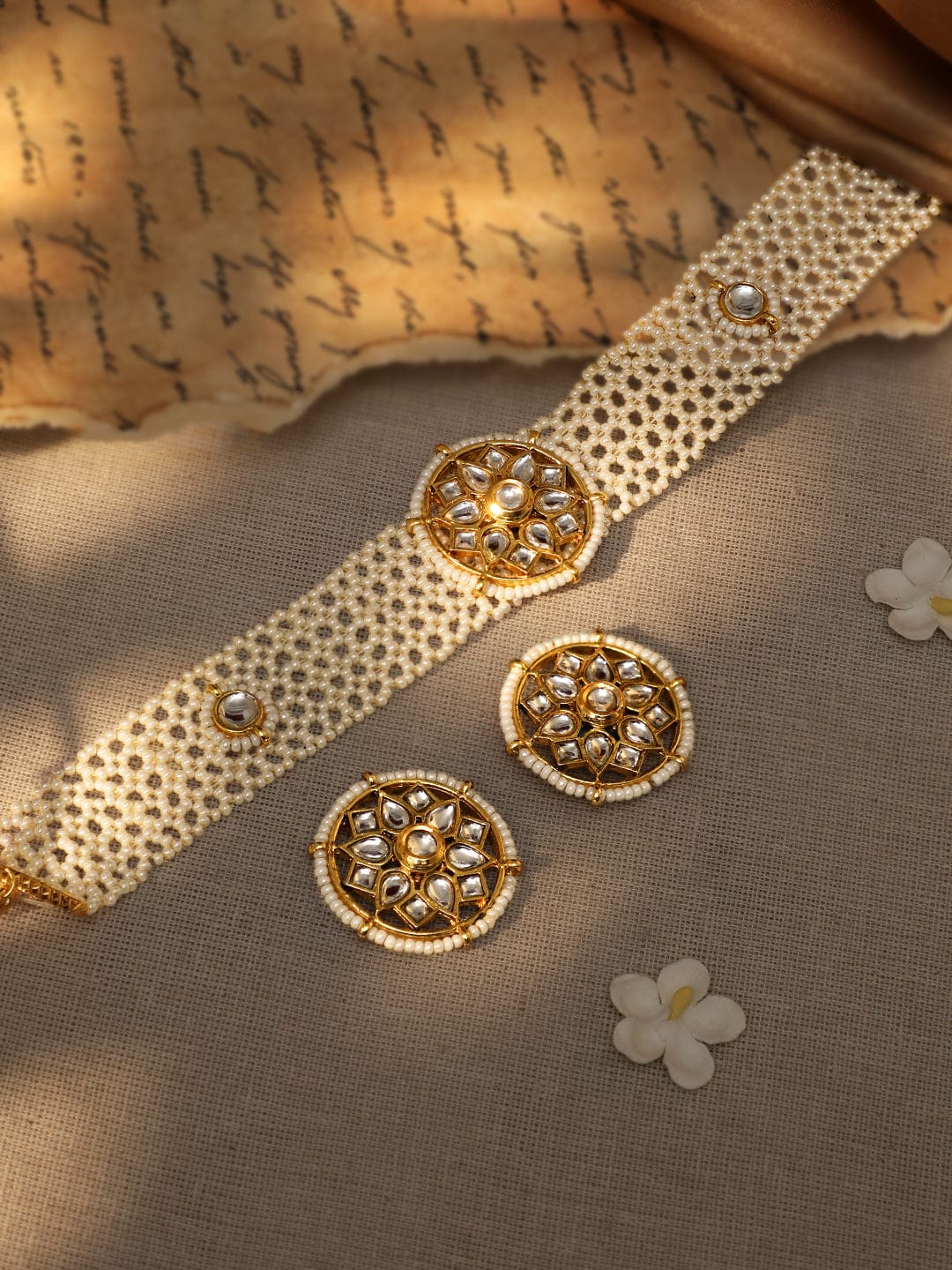 Royal Splendor 22K Gold Plated Kundan and Pearl beaded Choker jewelry Set - Gold