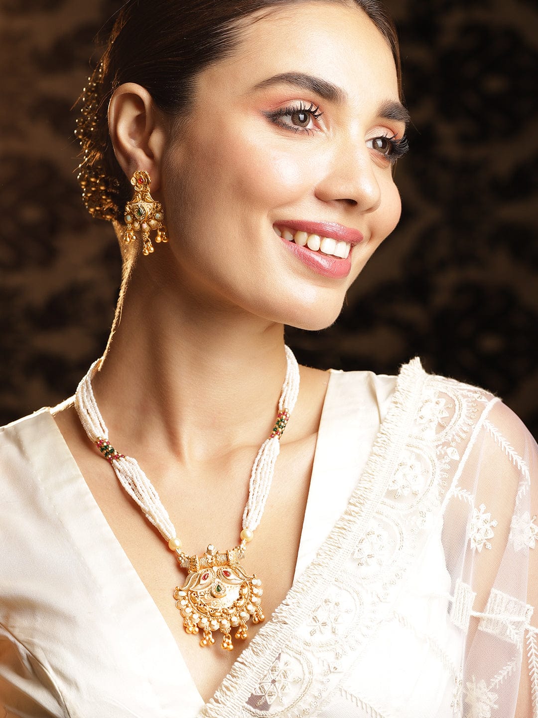 18K Gold Plated Ruby, Emerald Studded White Pearl Beaded Multistrand Floral Temple Jewellery Set - Gold