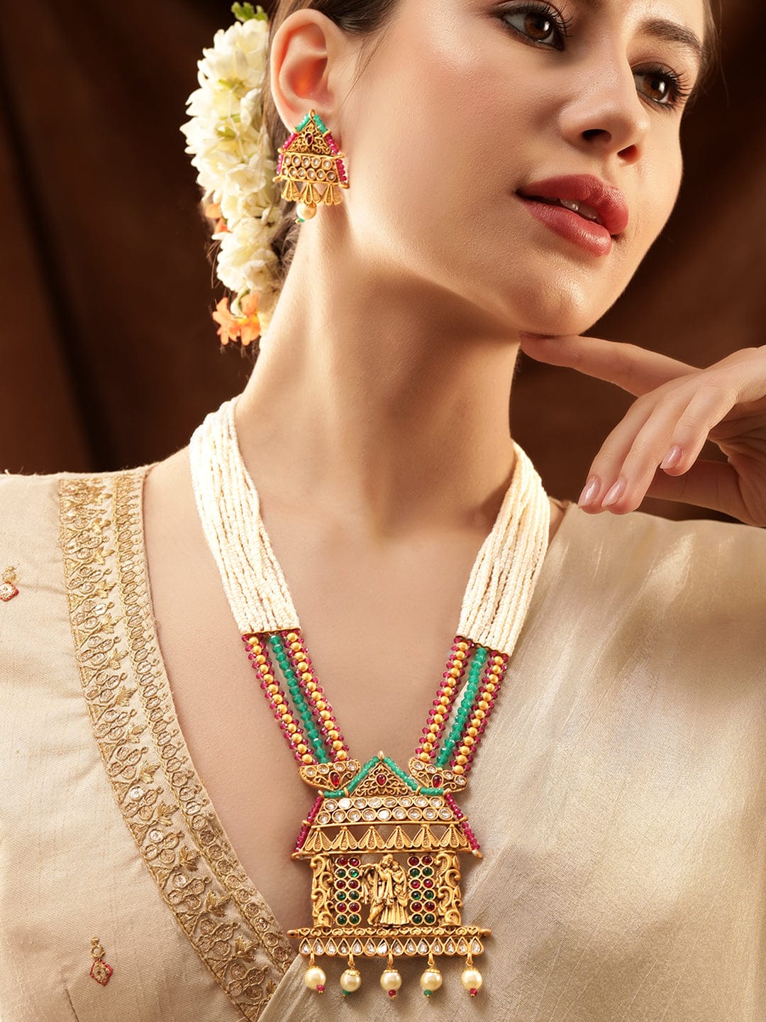 Sacred Love: Lord Krishna and Radha Temple Jewellery Gold Tone Pendant with Pearls Hanging and White Beads Chain Necklace Set - Gold