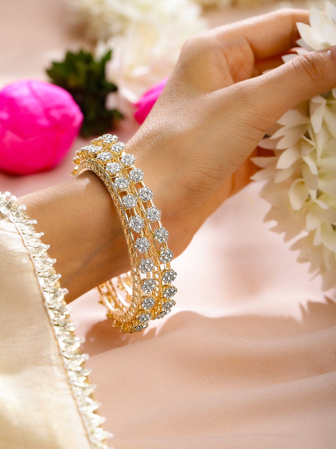 Set of 2 18K Gold-Plated AD Studded Floral Filigree Handcrafted Bangles - 02-Apr