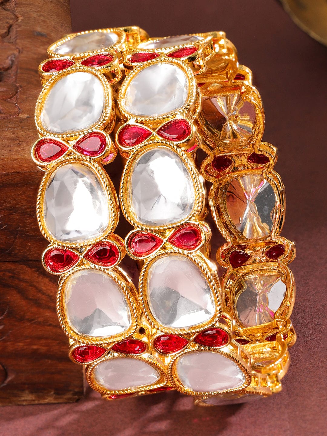 Set of 2 18K Gold-Plated Crystal White Cubic Zirconia & Ruby Red Stone Studded Bangles - 2.6