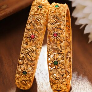 Set of 2 18K Gold-Plated Emerald Green & Ruby Pink Stone-Studded Floral Peacock Design Bangles - 2.6