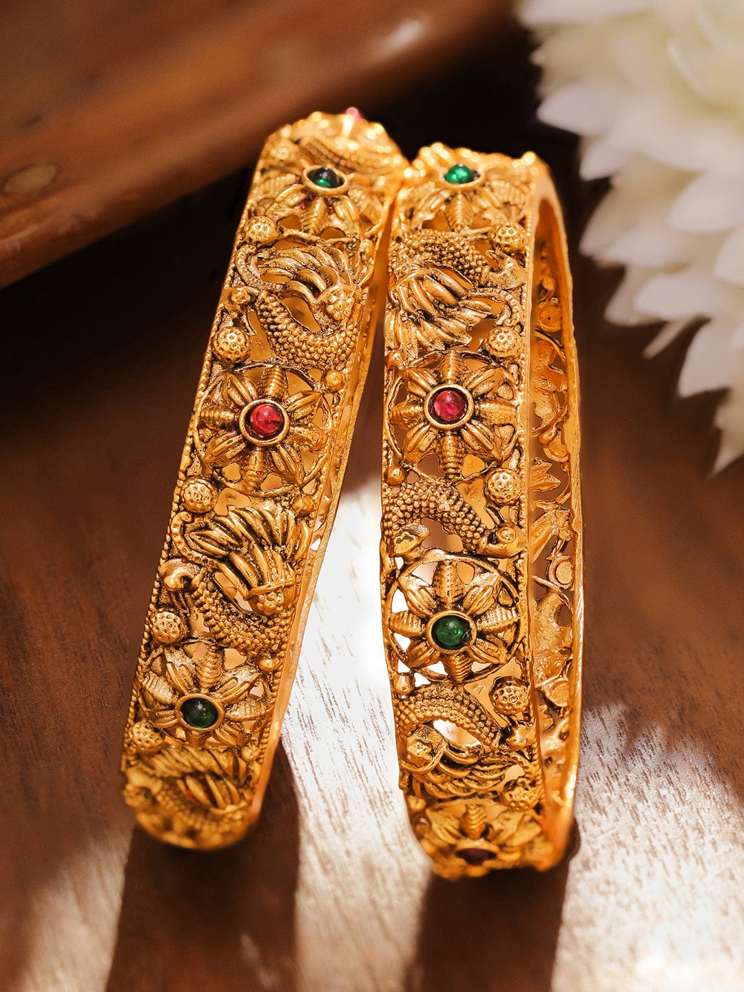 Set of 2 18K Gold-Plated Emerald Green & Ruby Pink Stone-Studded Floral Peacock Design Bangles - 2.6