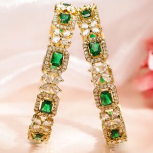 Set of 2 18K Gold-Plated Emerald Green & White Cubic Zirconia Studded Floral Bangle - 2.4