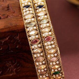 Set of 2 18K Gold-Plated Mini Pearl Studded & Multi-Coloured Stone Patterned Bangle - 2.4