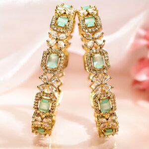 Set of 2 18K Gold-Plated Mint Green & White Cubic Zirconia Studded Floral Bangles - 2.4