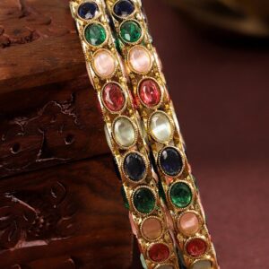 Set of 2 18K Gold-Plated Multi-Coloured Oval Stone Studded Designer Bangles - 2.8