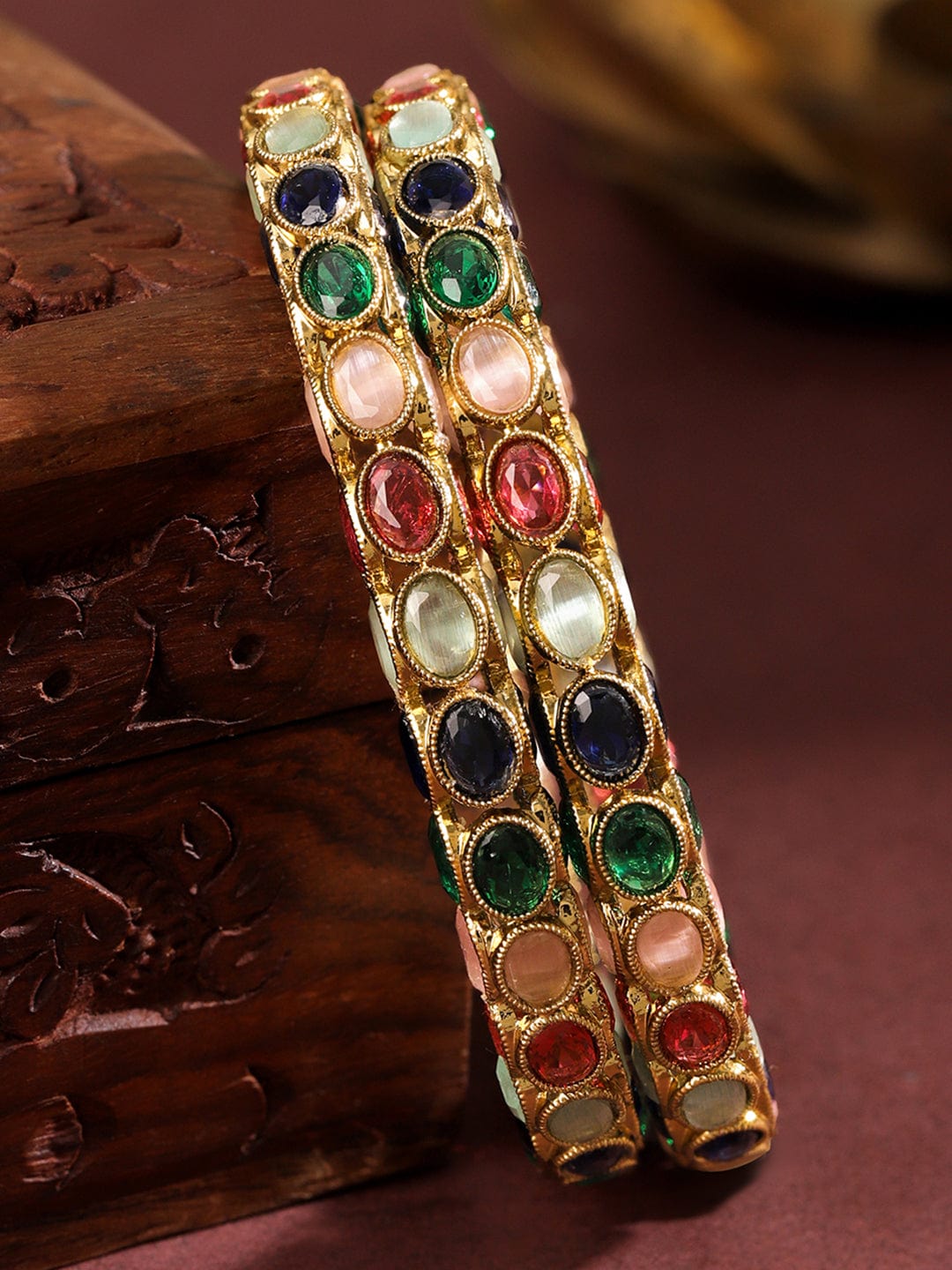 Set of 2 18K Gold-Plated Multi-Coloured Oval Stone Studded Designer Bangles - 2.6