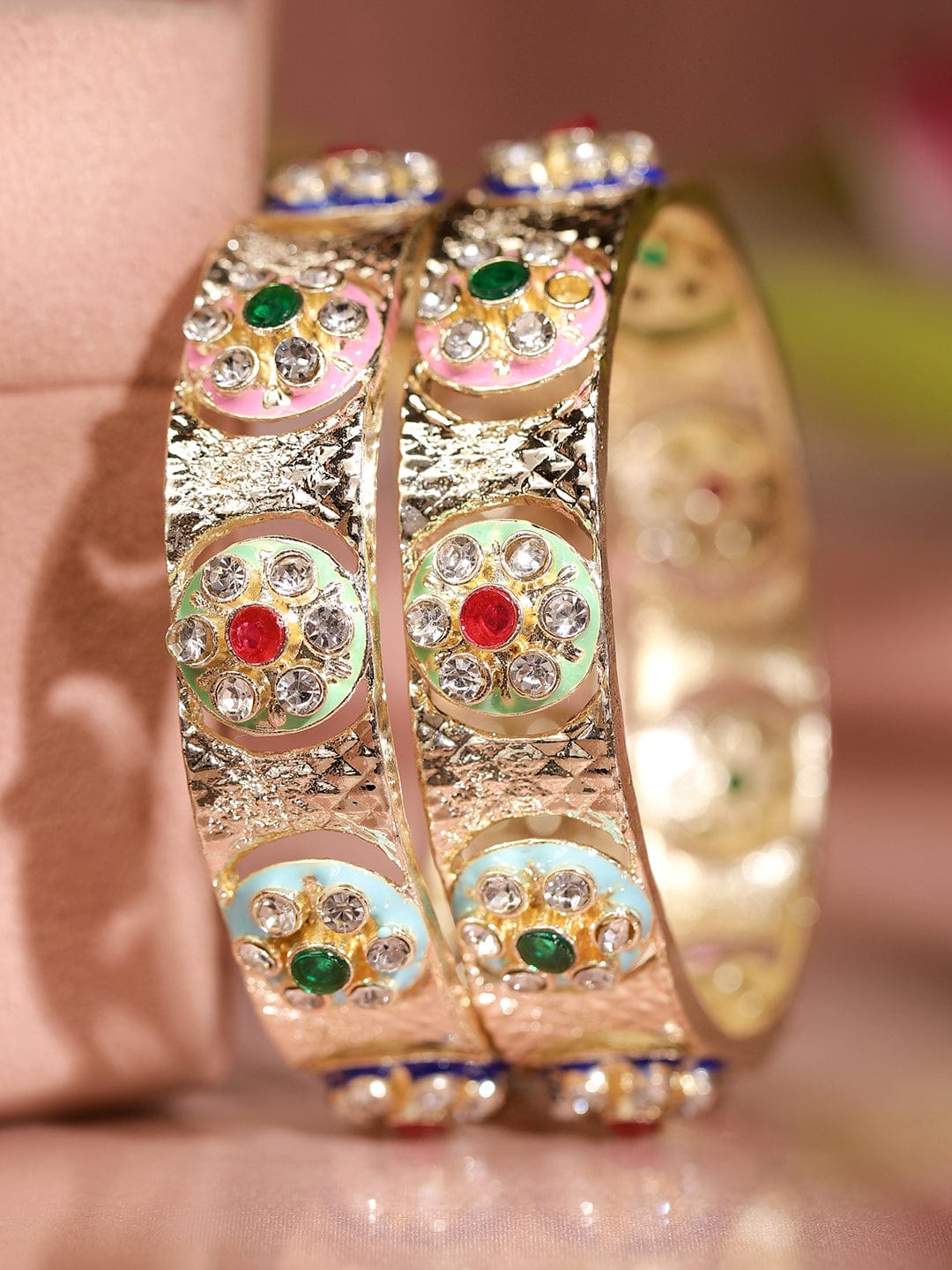 Set of 2 18K Gold-Plated Multicolor Enamel & Cubic Zirconia Studded Bangles - 02-Apr