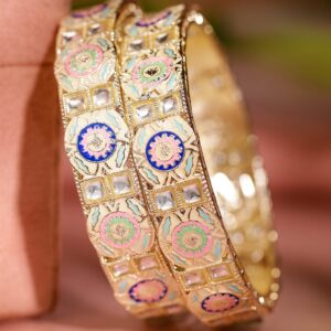 Set of 2 18K Gold-Plated Multicolor Enamel & Kundan Stone-Studed Handcrafted Bangle - 02-Aug